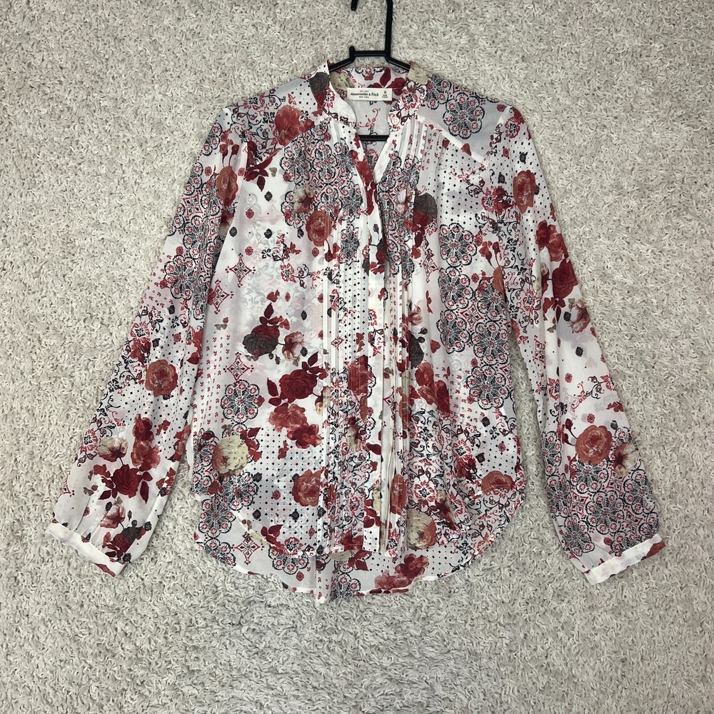 Abercrombie & Fitch Blouse Womens Medium White Floral Pleated Front Button Up